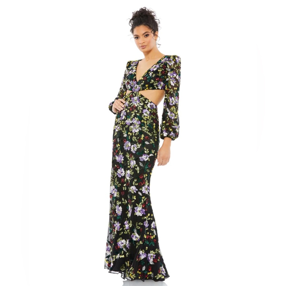 Mac Duggal hand embellished floral sequin cutout dress NWT